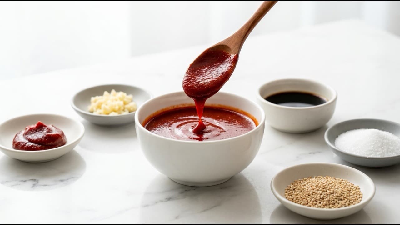 고추장 닭갈비 양념장을 담은 흰 볼과 재료가 담긴 작은 접시들