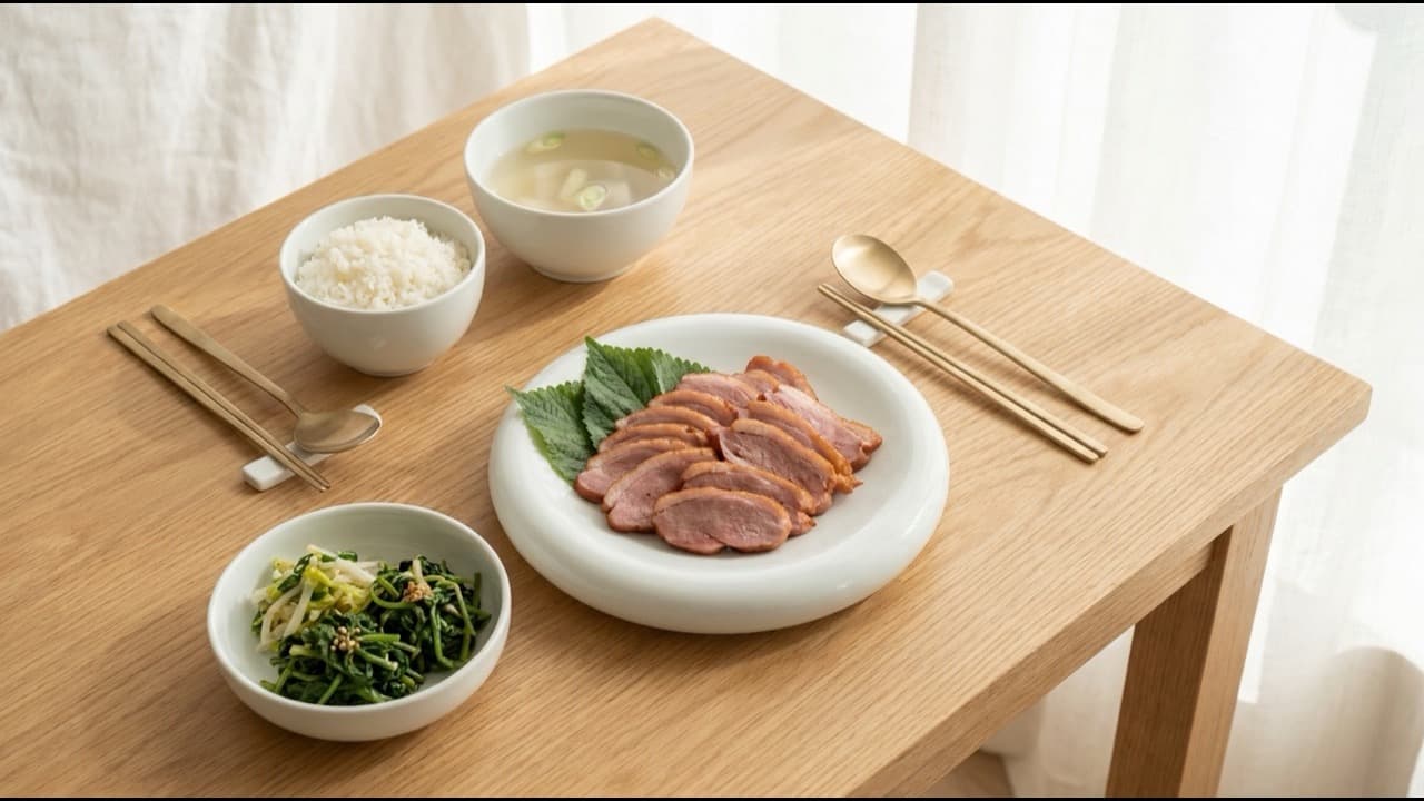 훈제오리와 밥·국·나물을 정갈하게 차린 명절 상차림