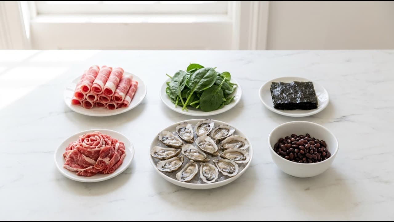 소고기·시금치·굴·콩·해조류 등 철분이 풍부한 식품