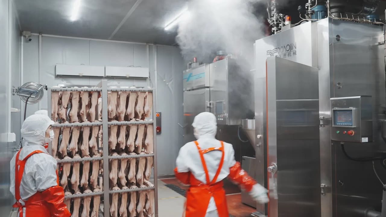 오리 선반과 훈연 설비에서 수증기가 솟아오르는 훈연 과정