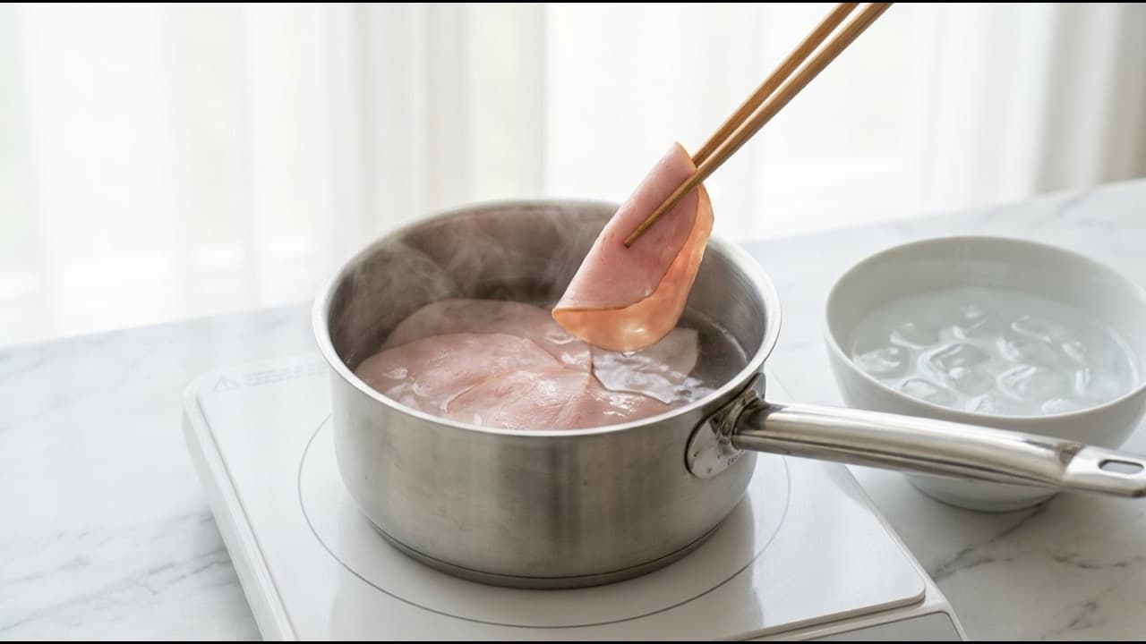 끓는 물에 햄 슬라이스를 데치는 냄비와 젓가락