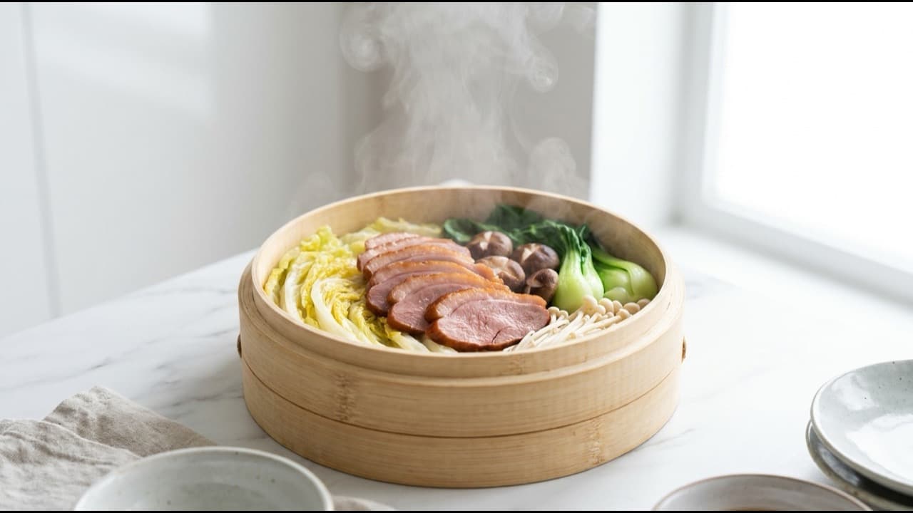 나무 찜기에 담긴 훈제오리와 배추·청경채·표고·팽이버섯