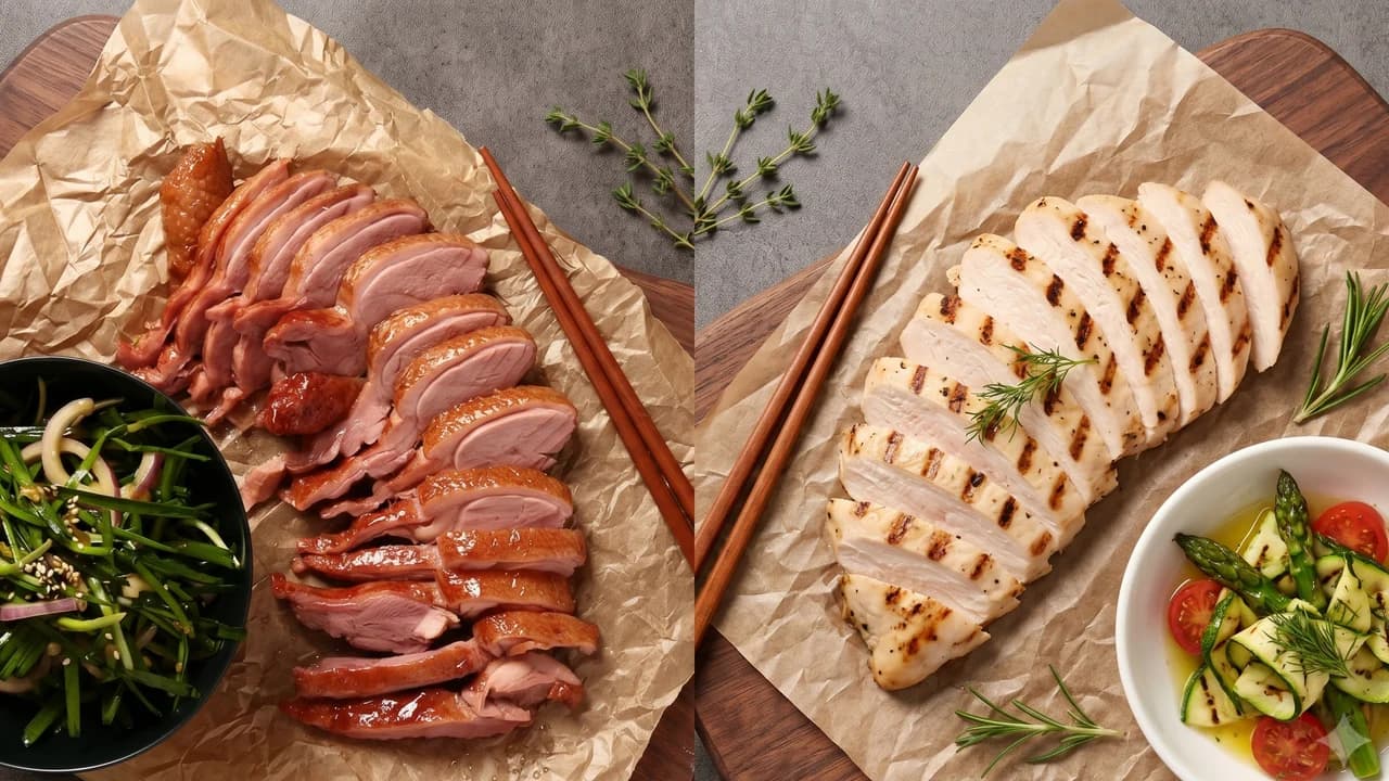 양념 오리고기·훈제오리·양념닭 세 접시 비교 상차림