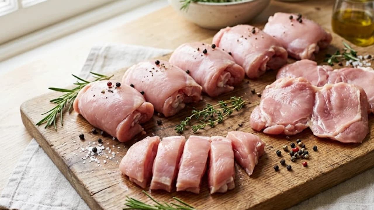 흰 접시에 담긴 양념 닭다리살 요리