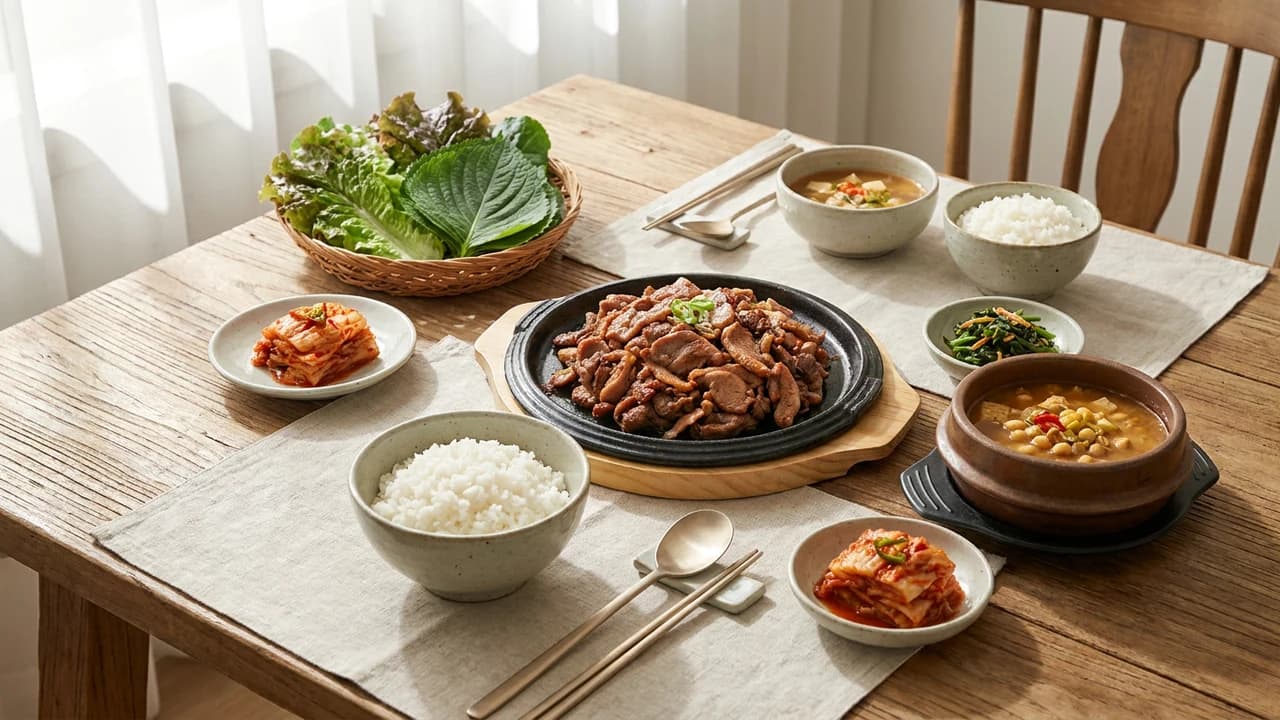 오리 불고기와 밥, 국, 깻잎쌈을 차린 한식 한상