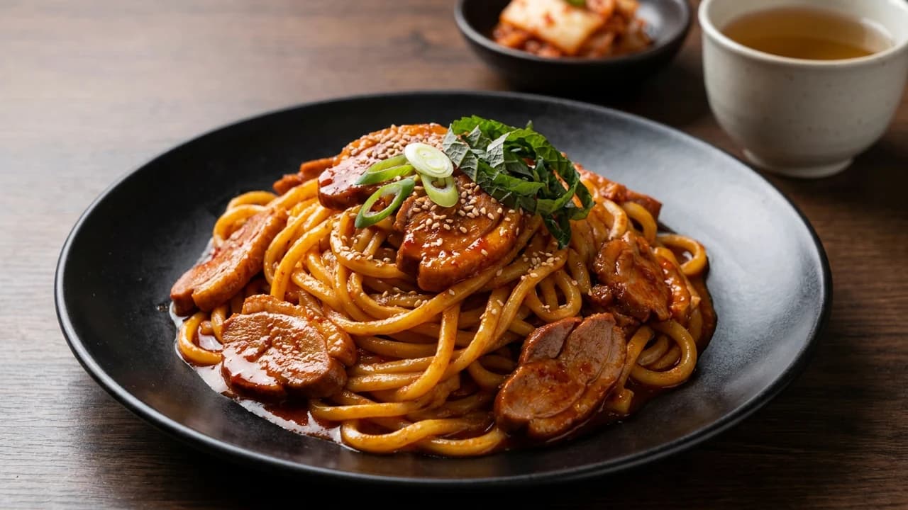 검은 접시에 담은 양념 오리 파스타