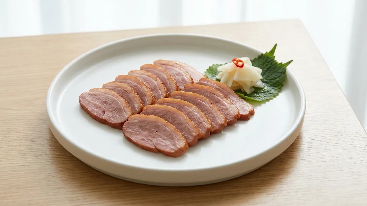 접시에 담은 훈제오리 슬라이스
