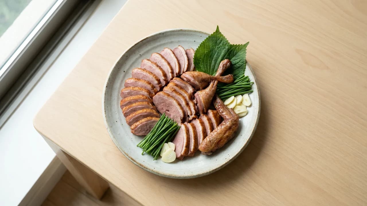 접시에 가지런히 담은 훈제오리 슬라이스