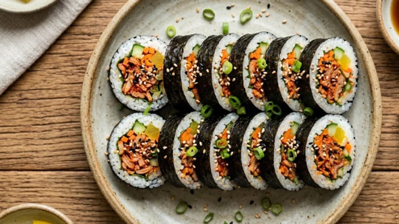 오리고기를 넣은 김밥과 한상